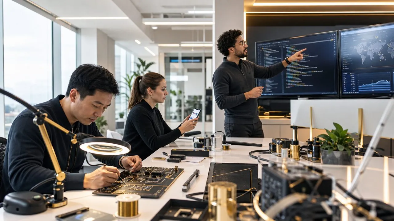 Engineers building a circuit board, testing a checkout app and reviewing a live operations dashboard