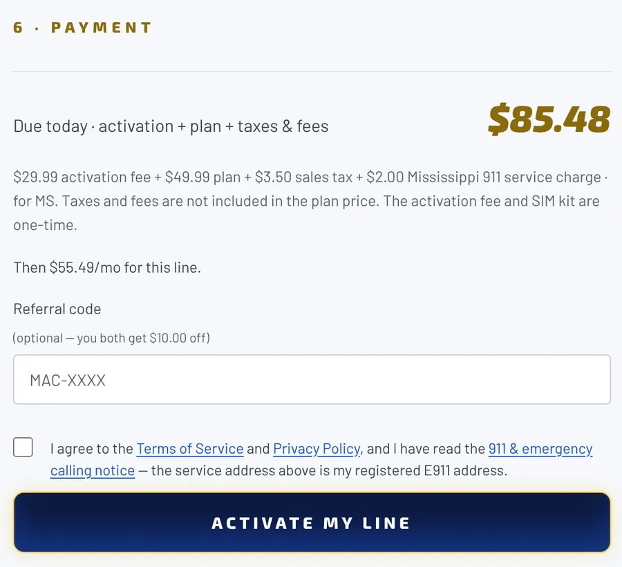 Mac Wireless checkout with itemized taxes and fees